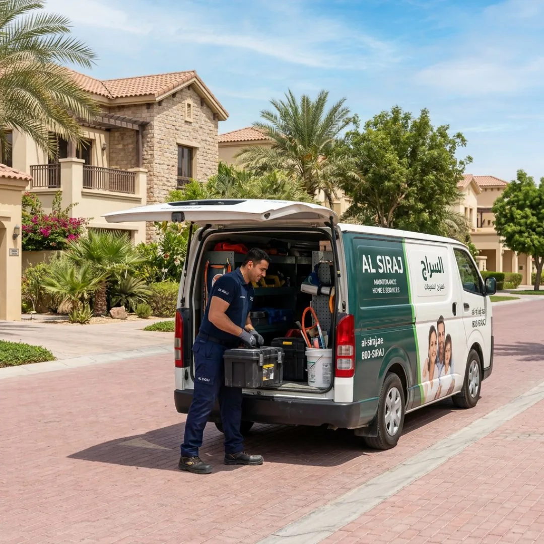 Al Siraj dishwasher technician standing beside a branded service van in Dubai