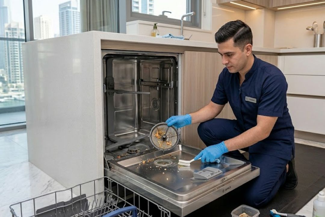 Technician cleaning a dishwasher to remove bad smell in Dubai