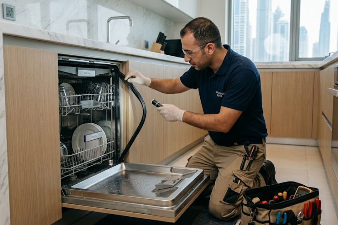 Technician inspecting a dishwasher door seal problem in Dubai