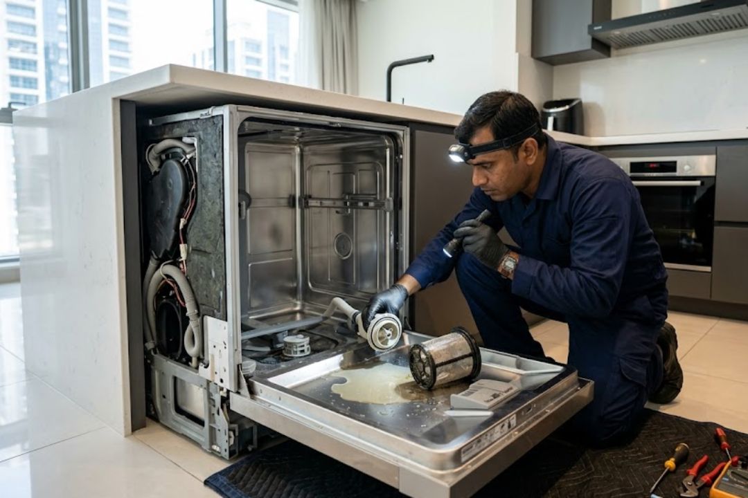 Technician inspecting a dishwasher drainage problem in Dubai