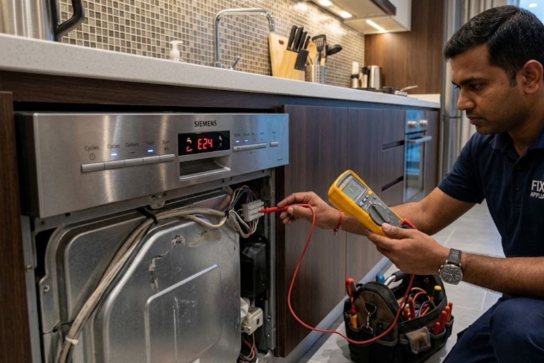 Technician diagnosing a dishwasher error code in Dubai