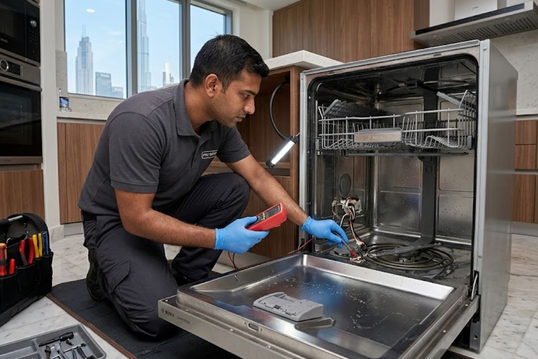 Technician inspecting a dishwasher heating failure in Dubai