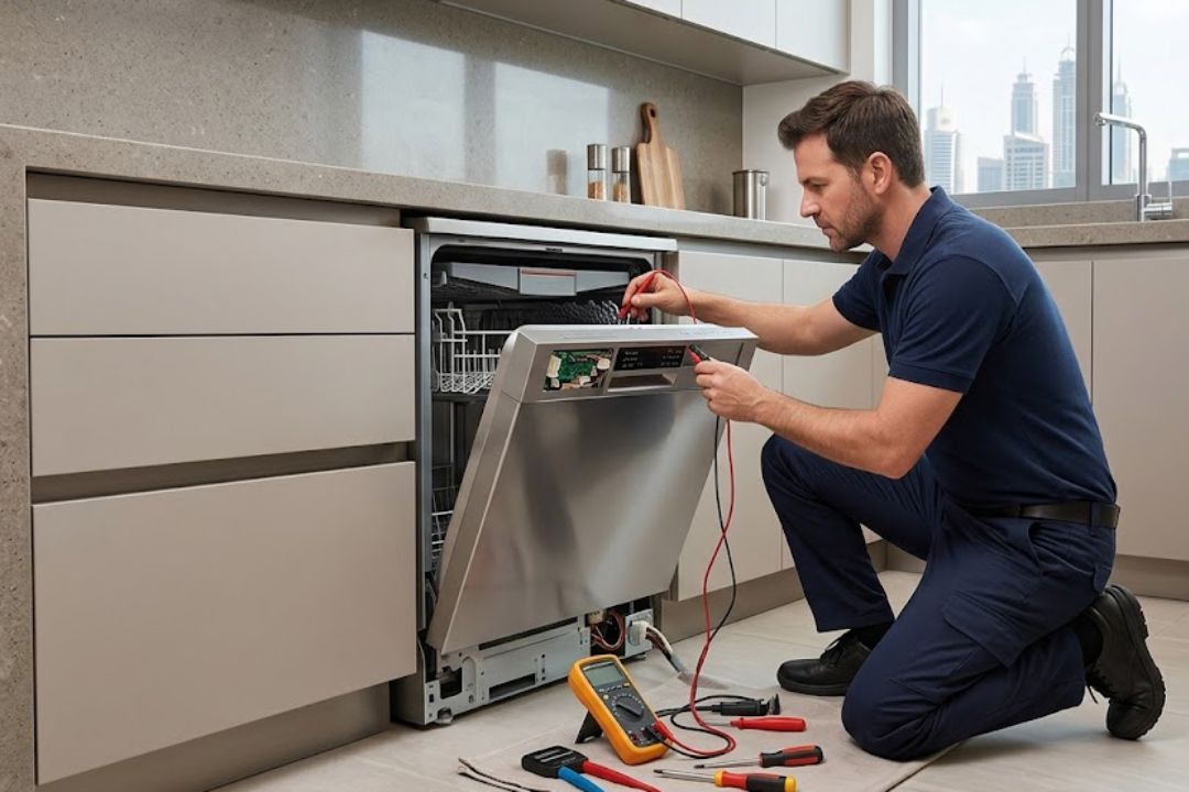 Technician diagnosing a dishwasher starting failure in Dubai.