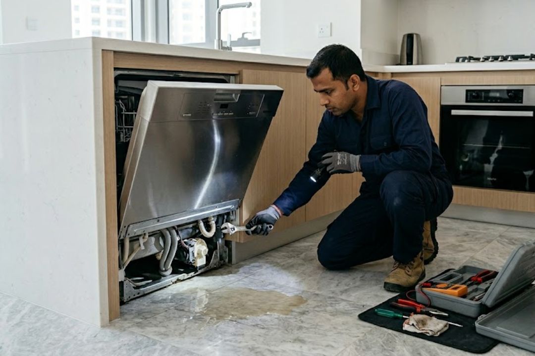Technician repairing a leaking dishwasher in Dubai
