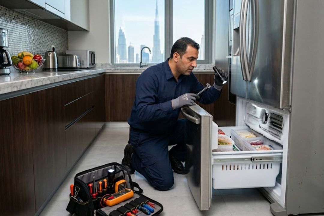 Technician inspecting a freezer fault during fridge repair in Dubai