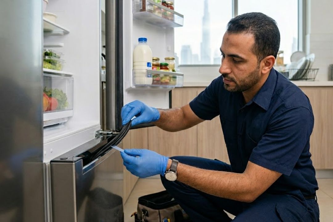 Technician inspecting a fridge door seal problem in Dubai