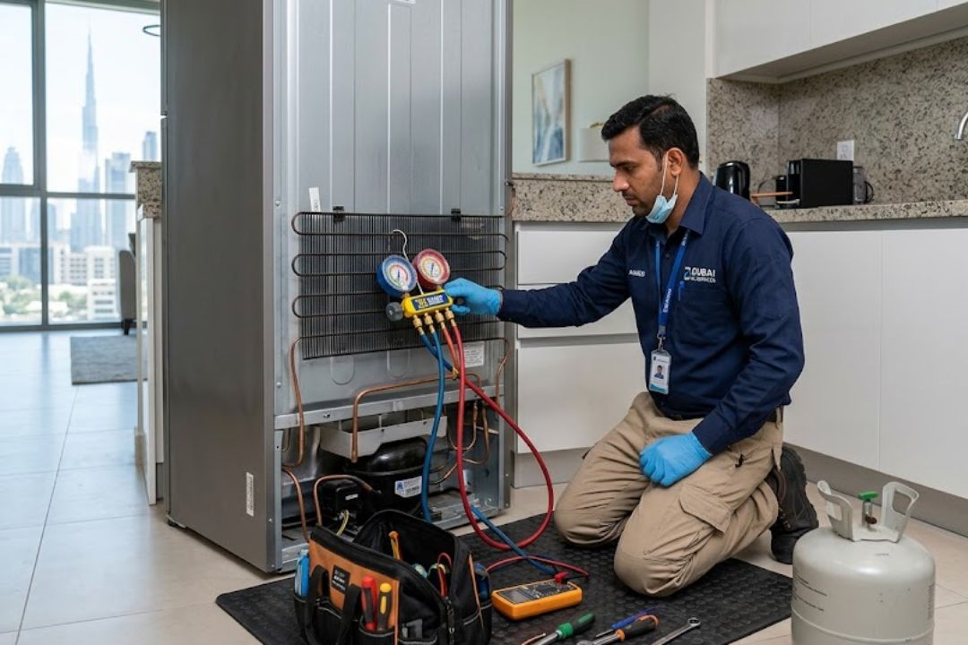 Technician checking a fridge gas leak during repair service in Dubai