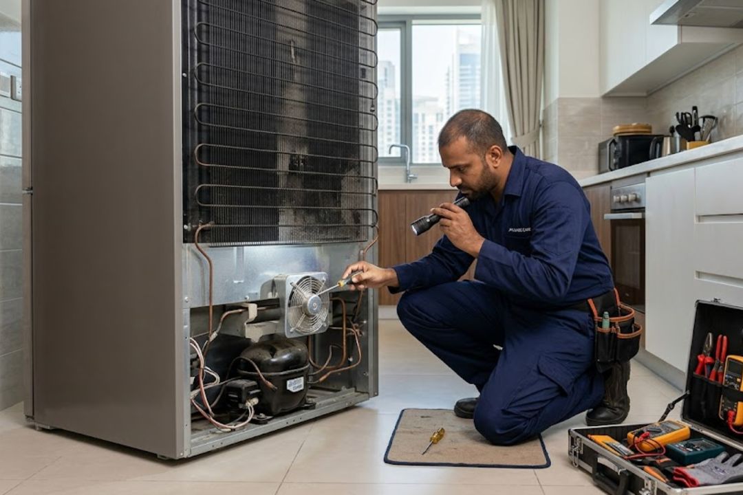 Technician inspecting a loud vibrating fridge in Dubai