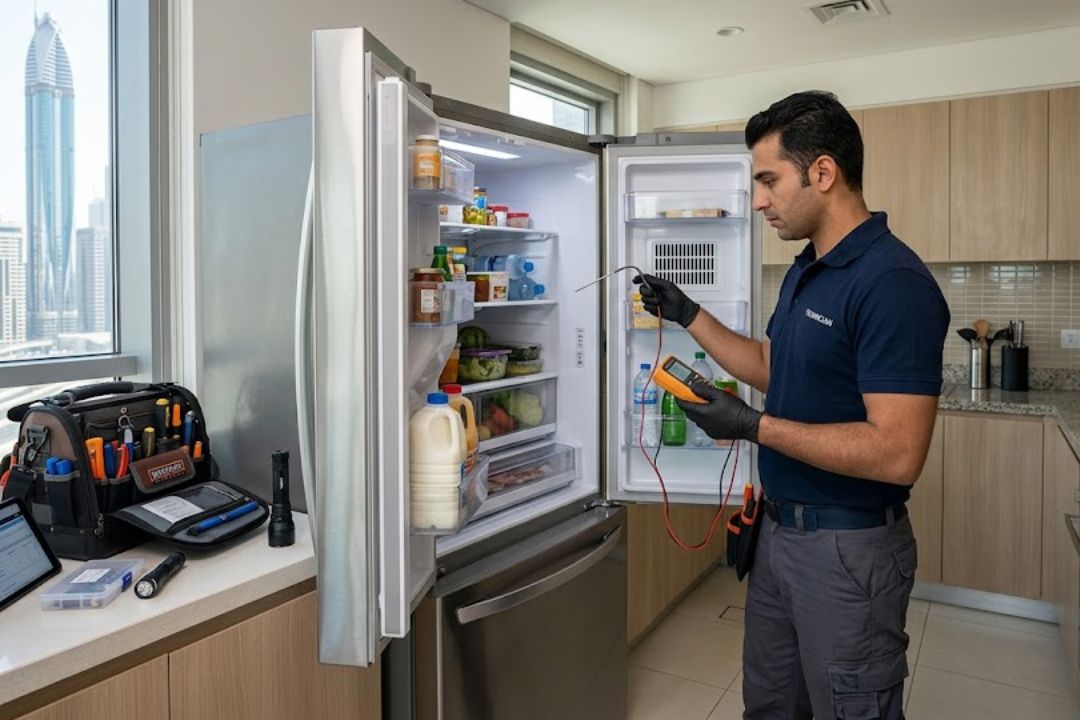 Technician checking a fridge not cooling problem in Dubai