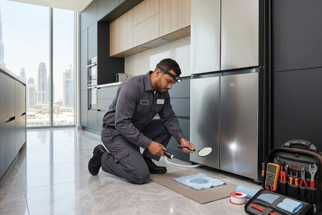 Technician repairing a leaking fridge in Dubai