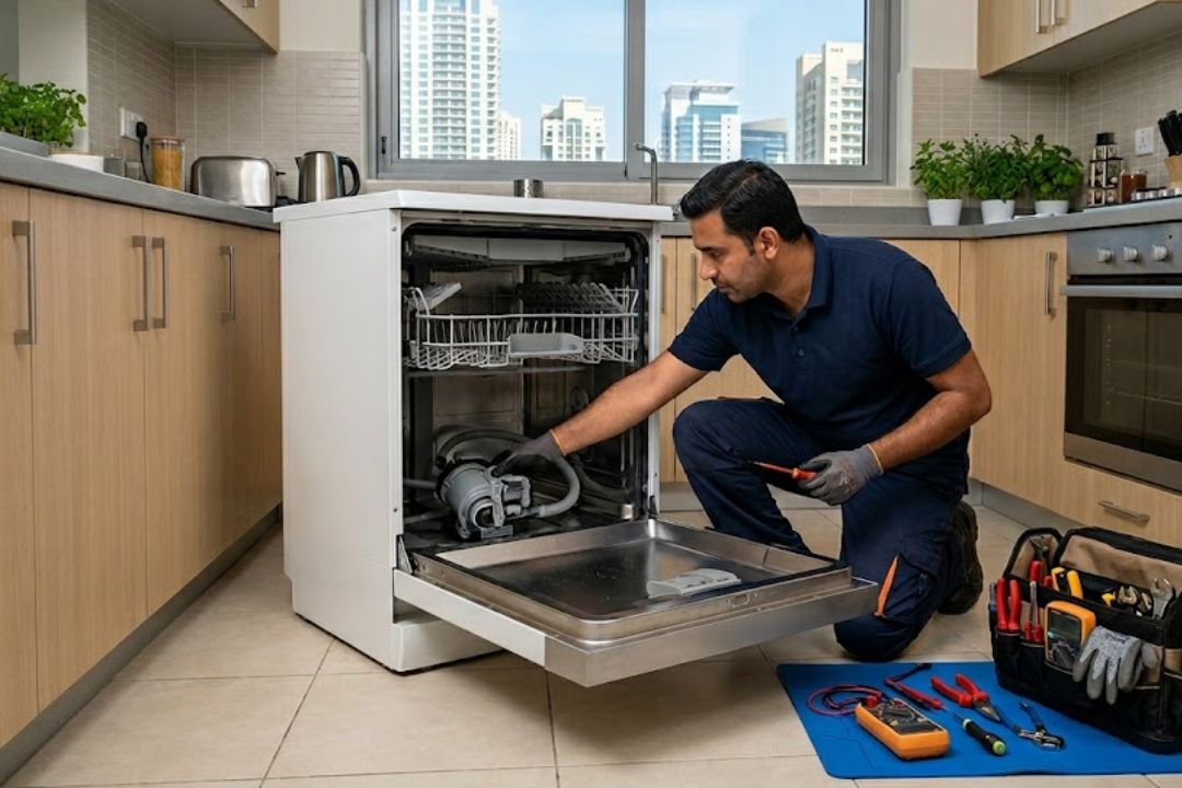 Technician checking a noisy dishwasher during repair service in Dubai