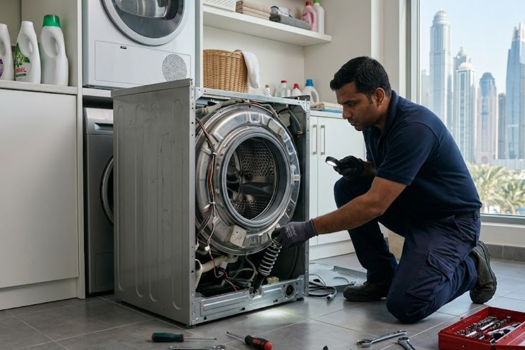 Technician inspecting a noisy washing machine with vibration issue in Dubai.