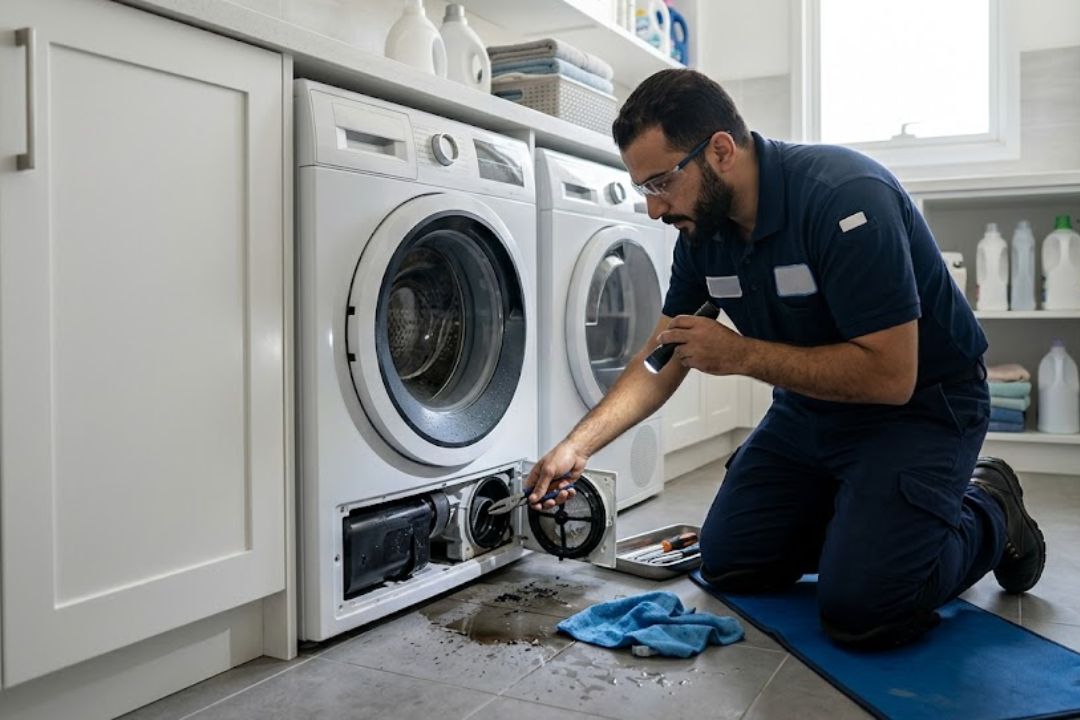 Technician inspecting a washer dryer drainage problem in Dubai