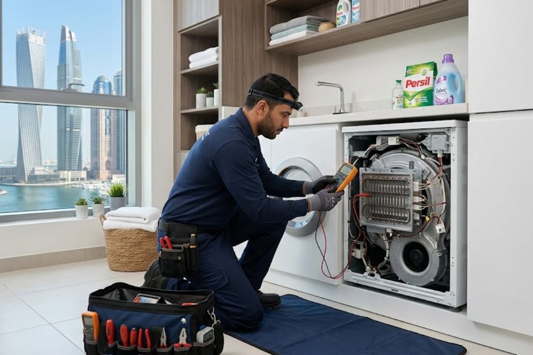 Technician inspecting a washer dryer drying failure in Dubai.