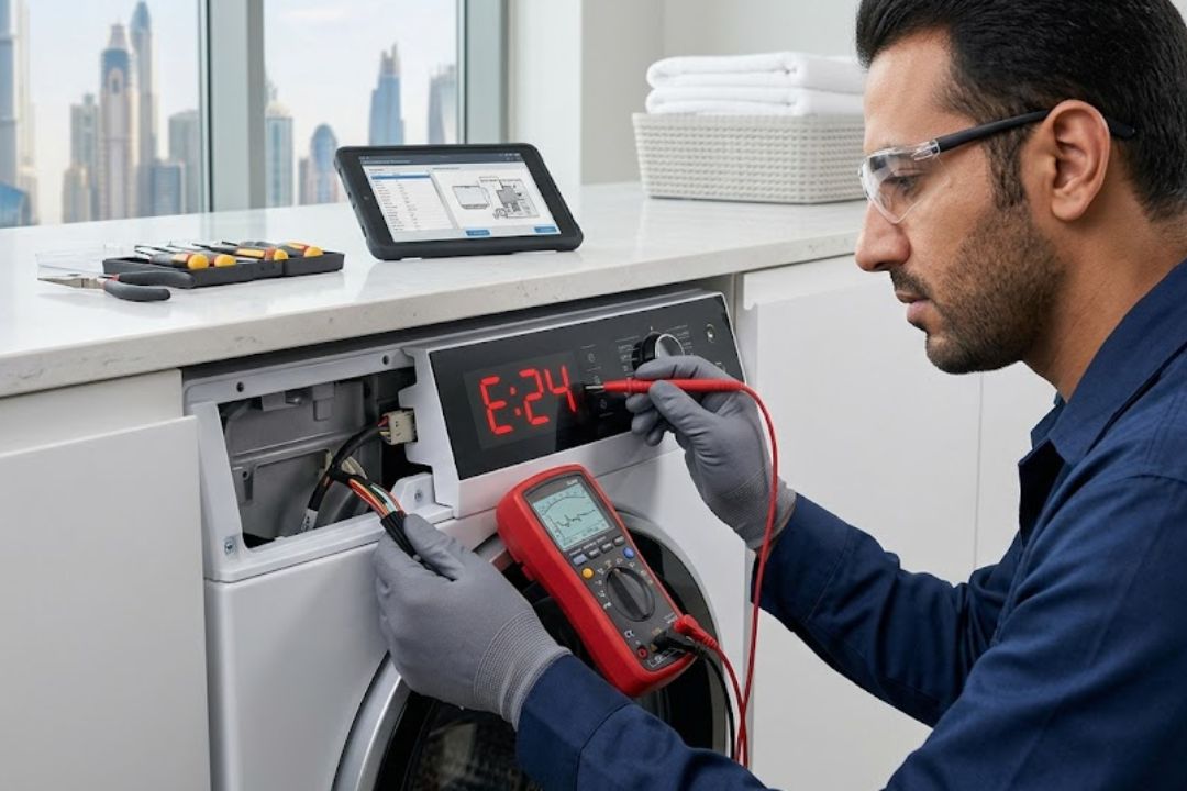 Technician diagnosing a washer dryer error code in Dubai