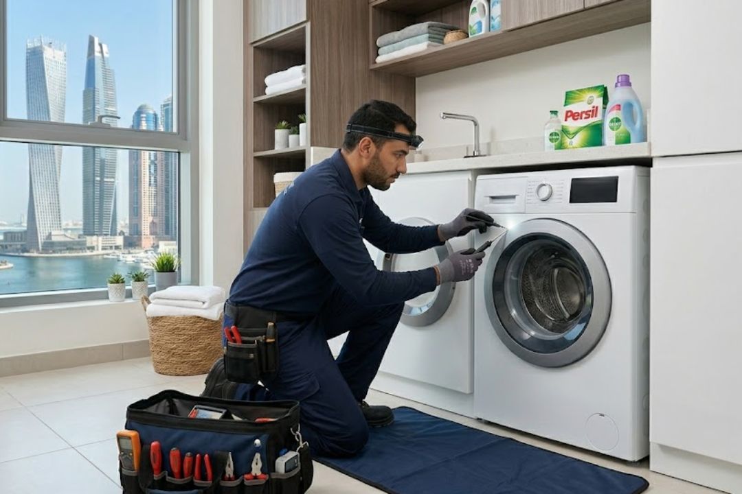 Technician repairing a locked washer dryer door in Dubai