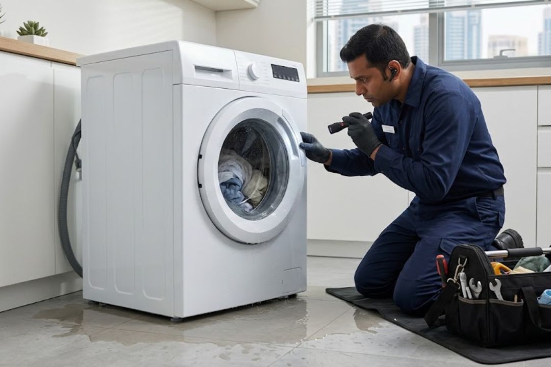 Technician repairing a leaking washer dryer in Dubai