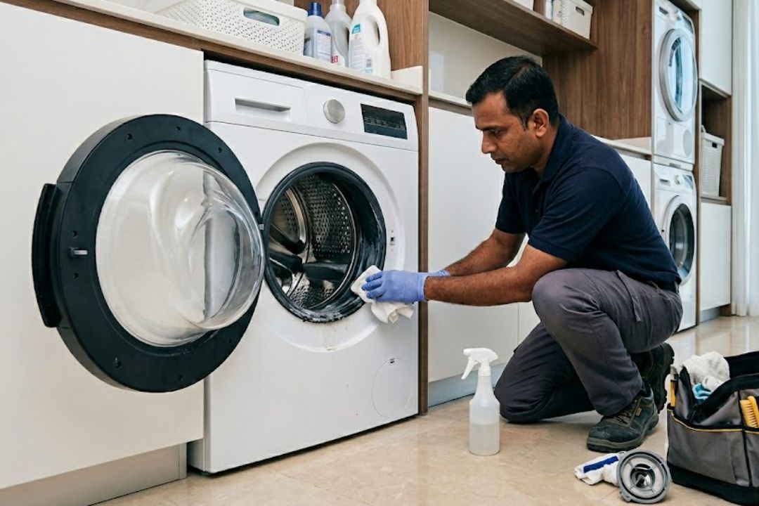 Technician cleaning a washing machine to remove bad smell in Dubai