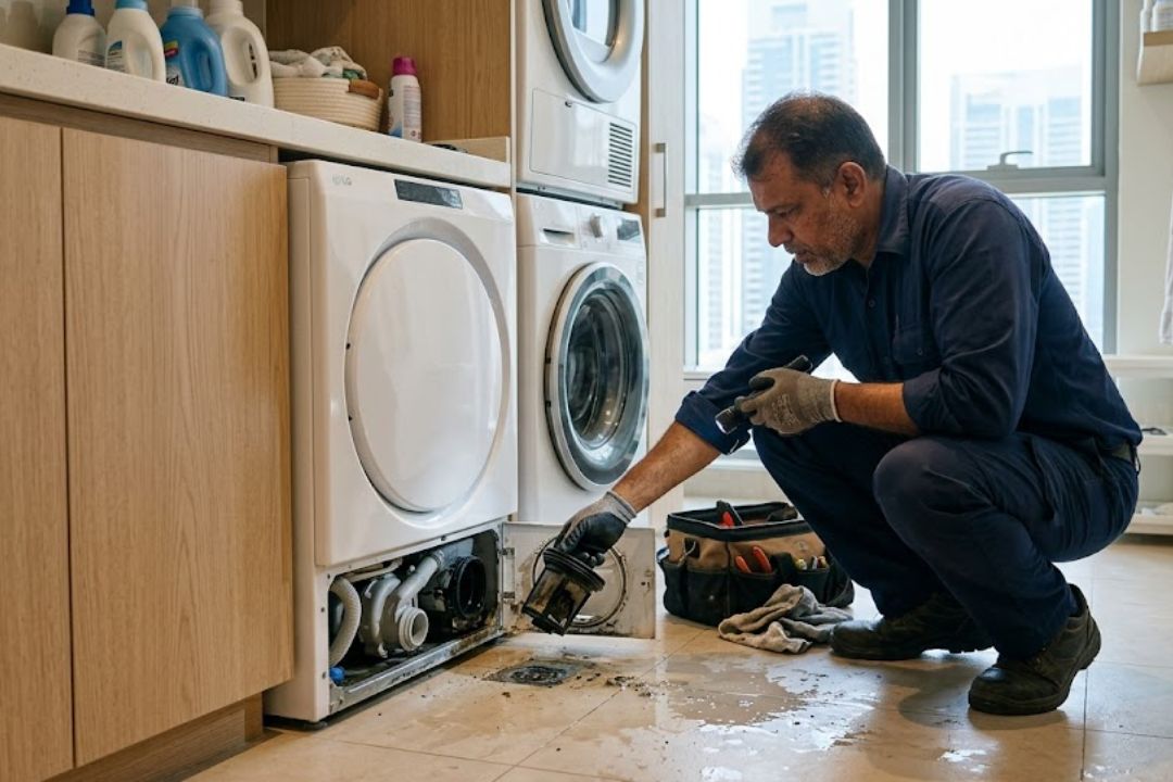 Technician inspecting a washing machine drainage problem in Dubai.