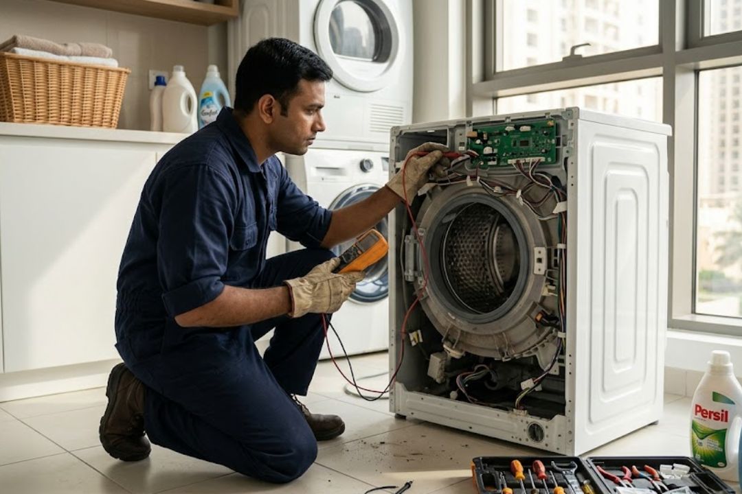 Technician checking a washing machine electrical fault in Dubai