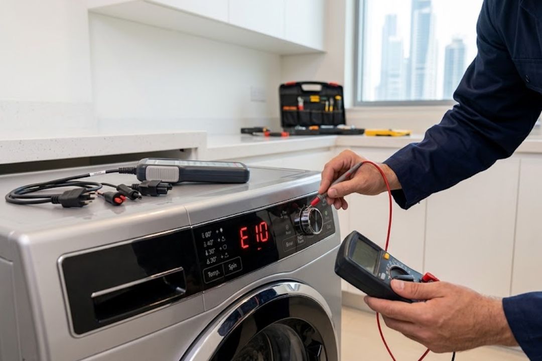Technician diagnosing a washing machine error code in Dubai