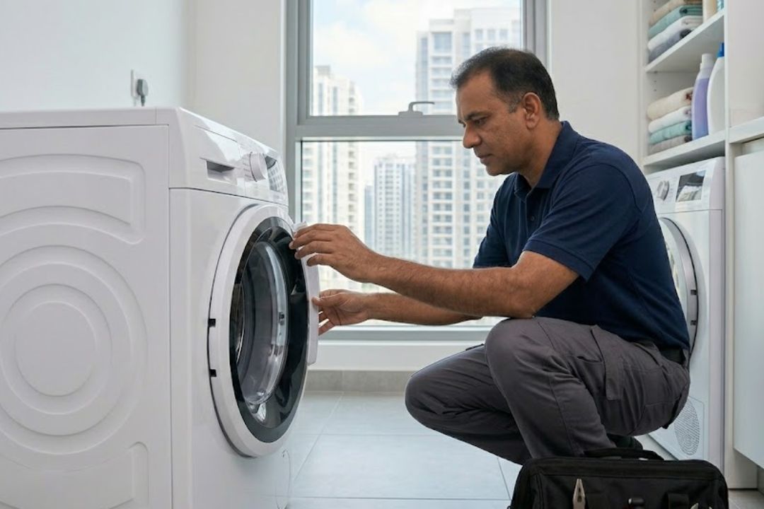 Technician repairing a locked washing machine door in Dubai.