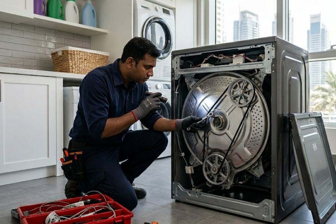 Technician checking a washing machine spin failure during repair service in Dubai.