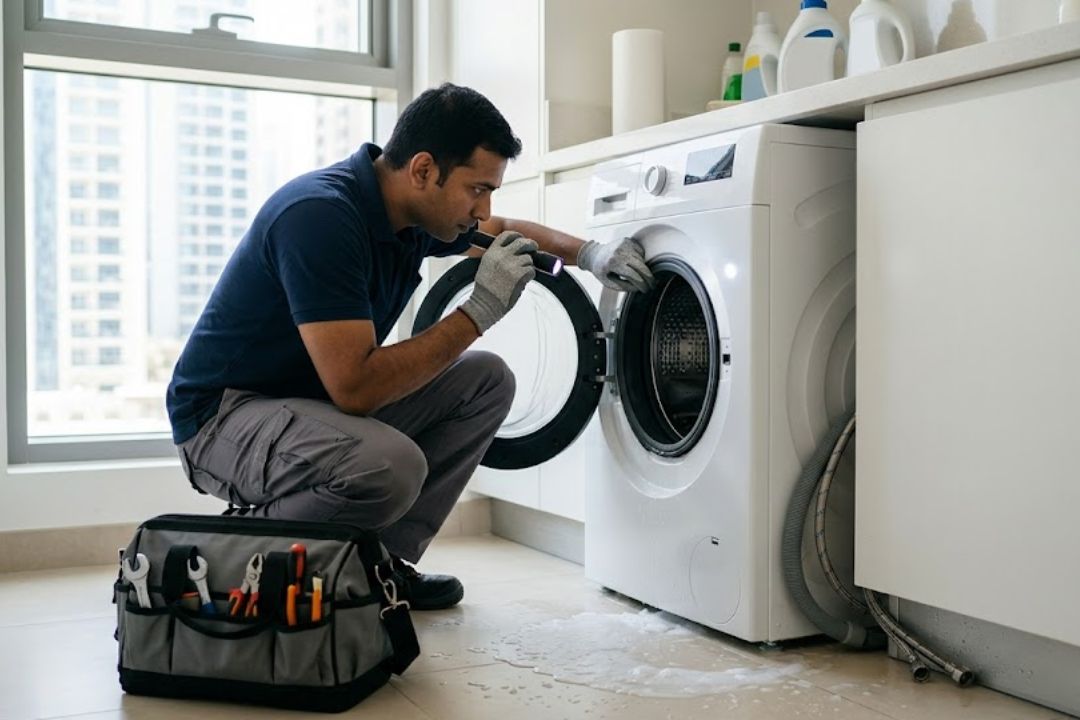 Technician repairing a leaking washing machine in Dubai.