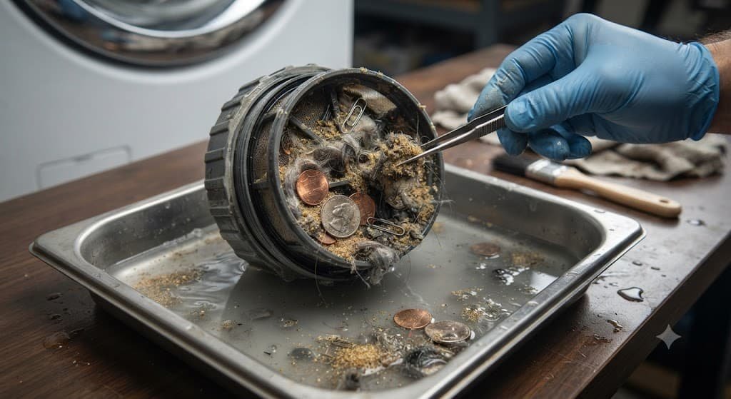 Clogged washing machine pump filter filled with sand lint and debris in Dubai 