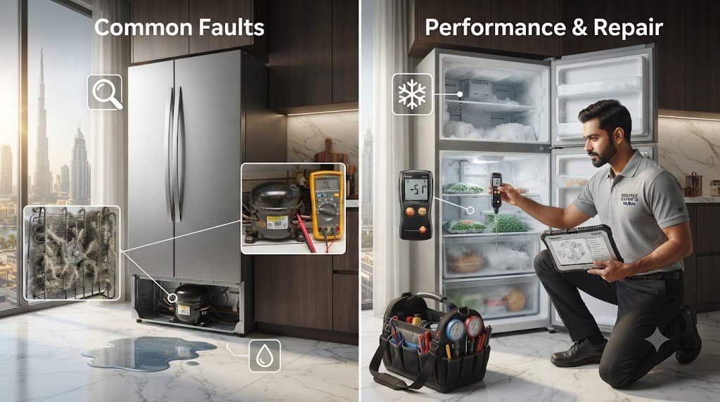 Common refrigerator problems in Dubai including cooling issues compressor faults frost buildup and water leaks.fridge repair guide dubai 