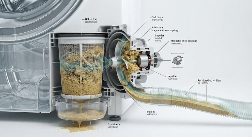Dubai desert sand buildup inside a washing machine drainage pump filter and housing causing drainage blockage.fridge freezing at back