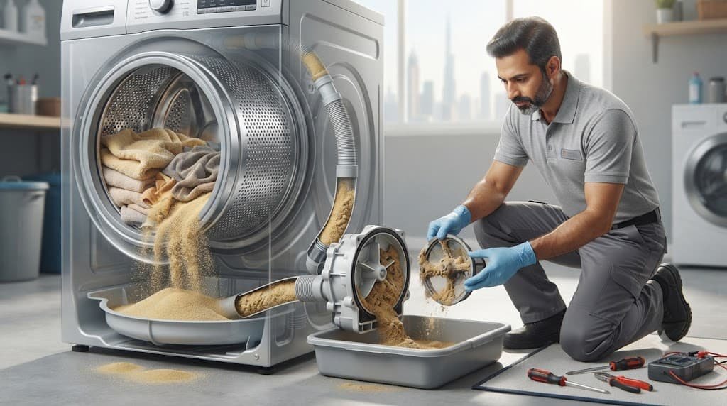 Dubai desert sand buildup inside a washing machine drainage pump causing slow draining and blockages.Washing Machine Pump Clogged solve in dubai. 