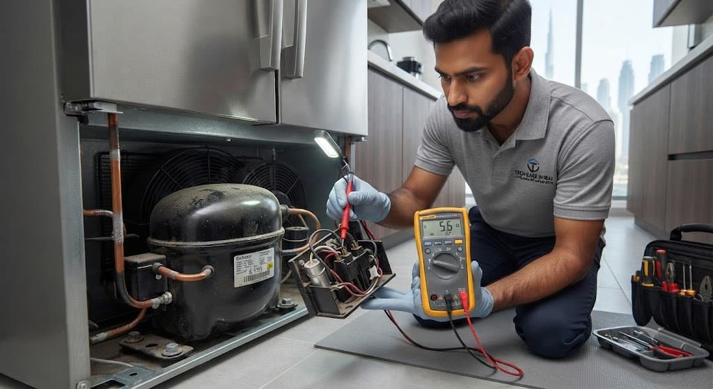 Certified technician testing a refrigerator compressor and start relay in Dubai.Fridge compressor repair vs replace