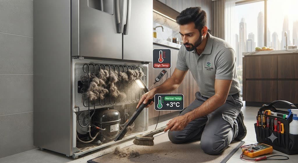 Technician cleaning dusty refrigerator condenser coils to restore cooling efficiency in Dubai. Technician check why Fridge Not Cooling inDubai? 