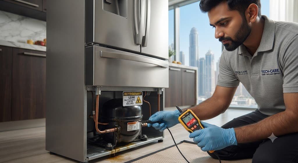 Technician detecting a refrigerator refrigerant leak near the compressor and cooling lines.Refrigerator Gas Leak checking by expert.