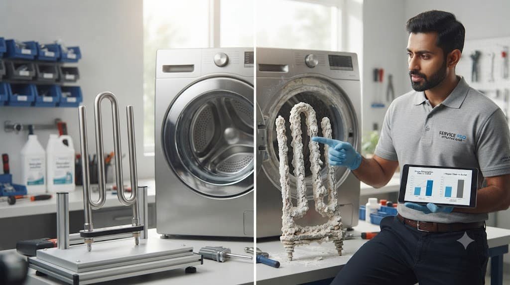 Comparison of clean and limescale-damaged washing machine heating elements in Dubai.Hard Water Damage Washing Machine dubai 