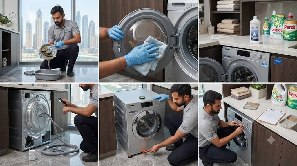 Monthly washing machine maintenance tasks including filter cleaning and descaling in Dubai.Washing Machine Maintenance Checklist.