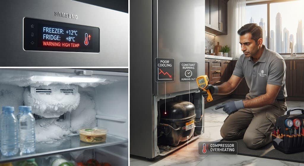 Overheating refrigerator compressor showing common failure symptoms and cooling problems. Technician checking fridge compressor failure signs