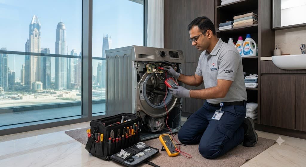 Cleaning a clogged washing machine drain pump filter affected by sand and debris in Dubai. washing machine repair guide 