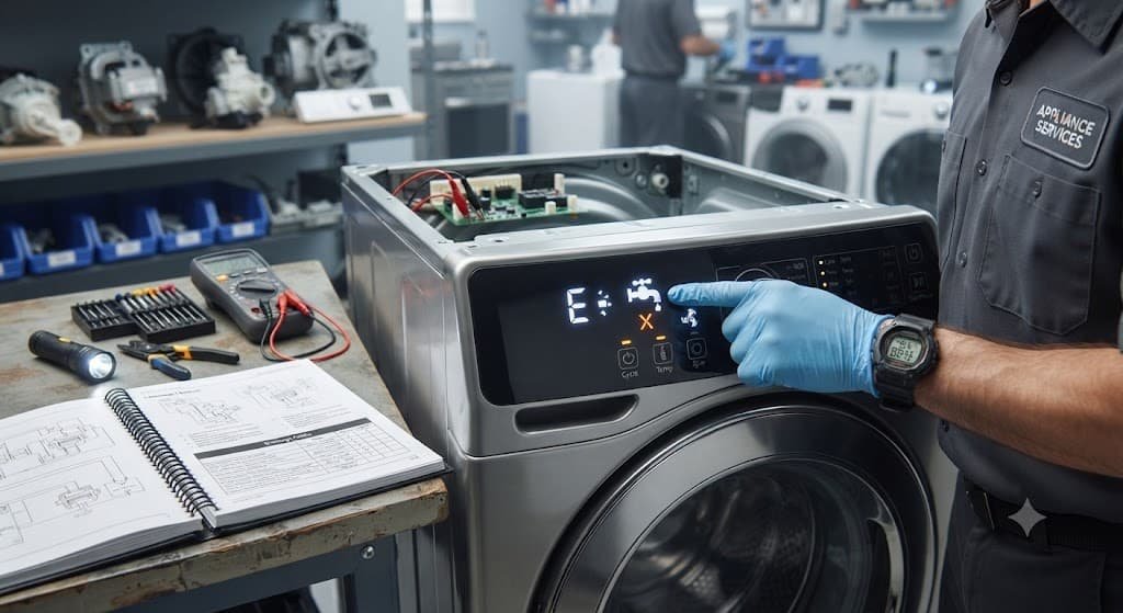 Technician diagnosing washing machine error codes using the control panel display in Dubai 