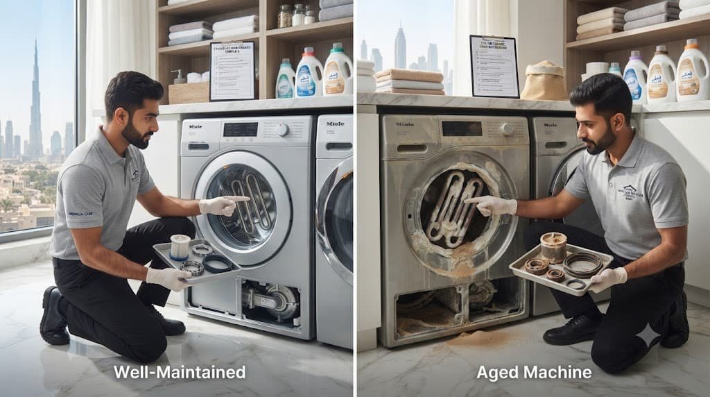 Comparison of a well-maintained and worn washing machine showing lifespan differences in Dubai.Washing Machine lifespan dubai.