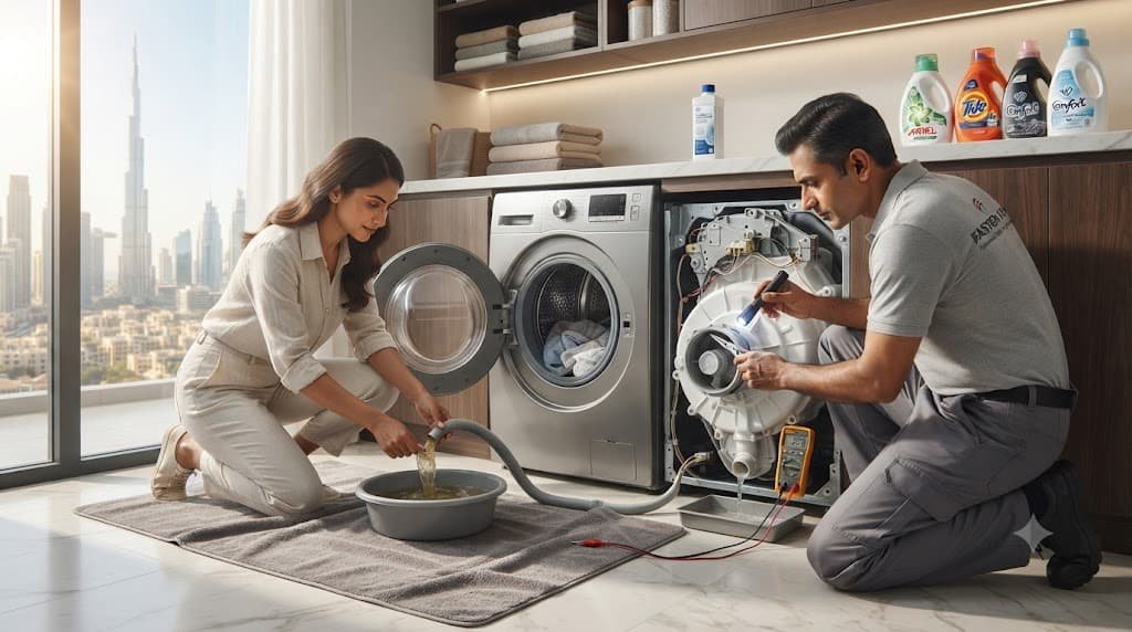 Emergency draining and troubleshooting a washing machine that stopped halfway through a cycle in Dubai.Washing Machine Stops Mid-Cycle dubai.
