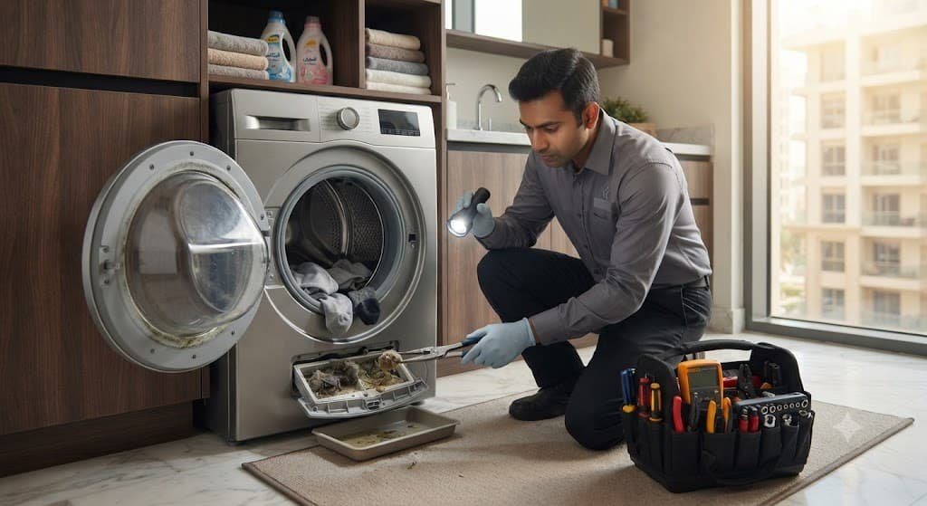Technician diagnosing a faulty washing machine and drainage problem in Dubai.Washing machine breakdown signs 