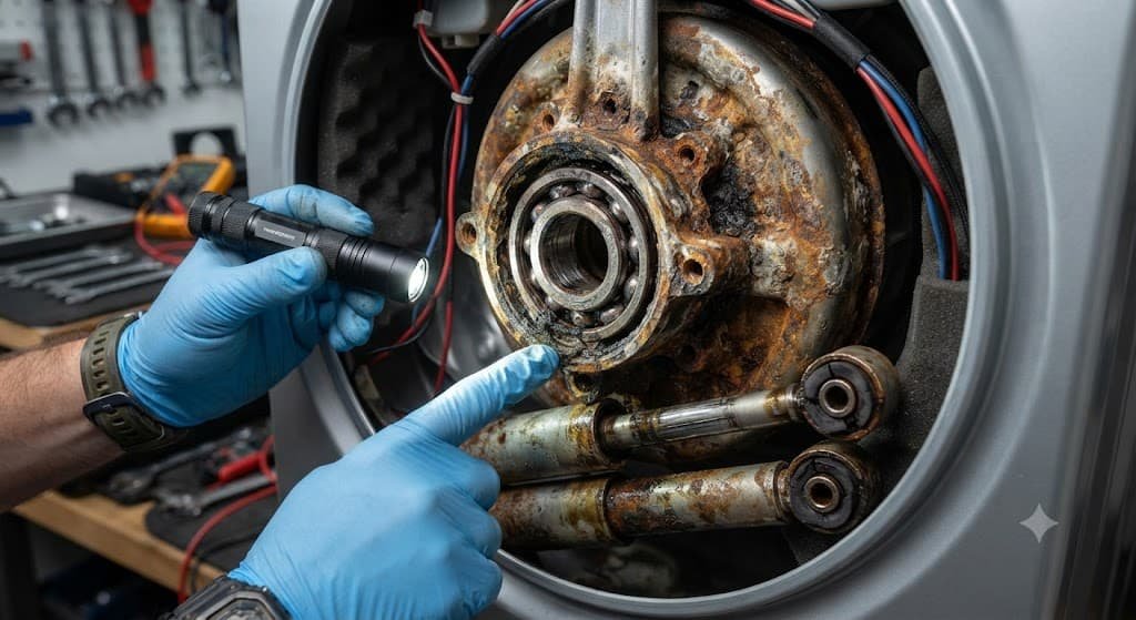 Worn washing machine drum bearings and shock absorbers causing loud spin cycle noise 